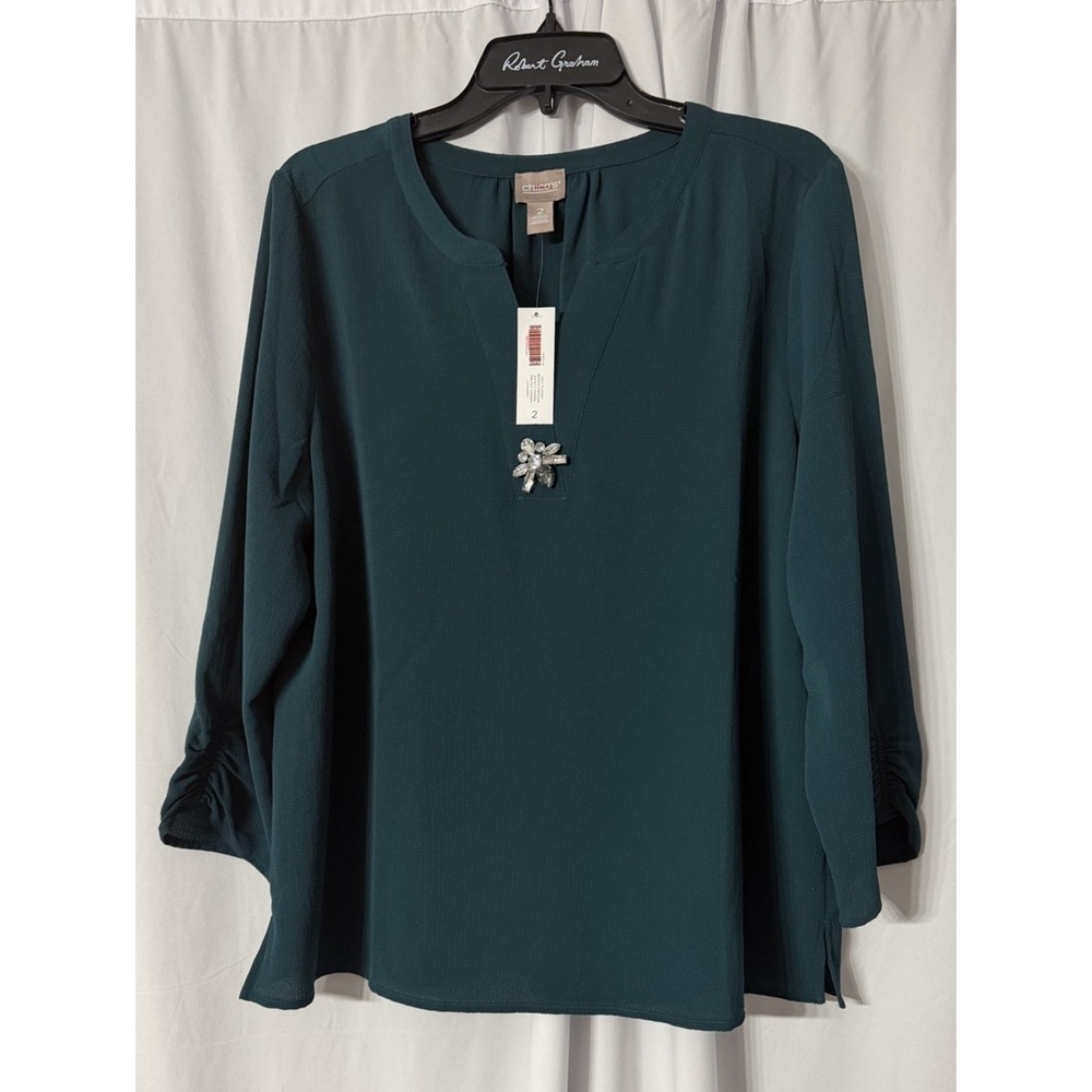 NWT Chicos Womens Half Placket Brooch Popover 3/4 Sleeve Top Blouse Shirt Size 2